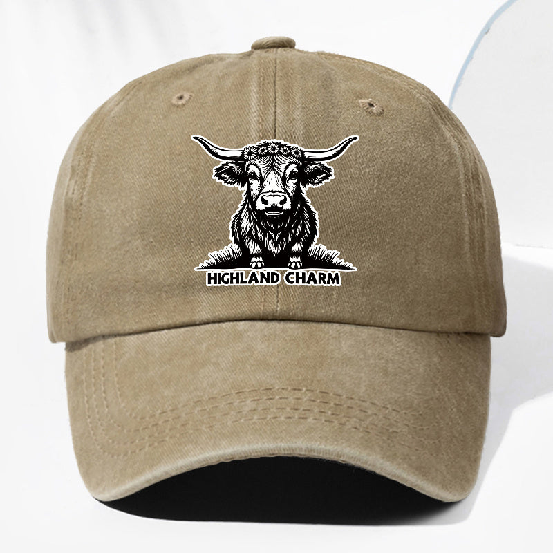 Unisex Small Cow HIGHLAND CHARM Animal Print Washed Vintage Baseball Cap Fashion Men Women Sun Hat Adjustable Size Trucker Hat Suitable for All Seasons Daily Wear