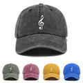 Unisex Adjustable Baseball Cap with Treble Clef Print, Urban Retro Washed Design, Available in 5 Colors (Black/Dark Gray/Purple/Mustard Green/Midnight Blue), Outdoor Casual Hat, Street Fashion, Breathable Fabric, Vintage Style