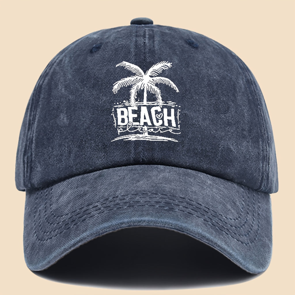 1pc Cool & Breezy Unisex Washed Baseball Cap | Tropical Palm Tree and Beach Print, Adjustable for Couples, Perfect for Surfing, Cycling, Hiking, and Parties - Polyester, Hand Wash Only