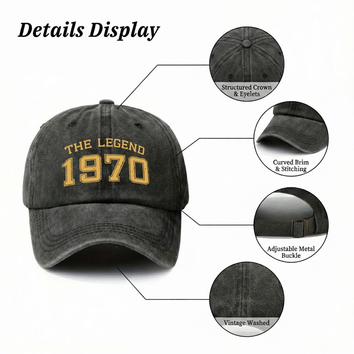 1970 Legend Vibe Vintage Washed Distressed Duckbill Cap Unisex Outdoor Baseball Cap Adjustable Washed Vintage Style Lightweight Breathable Golf Cap