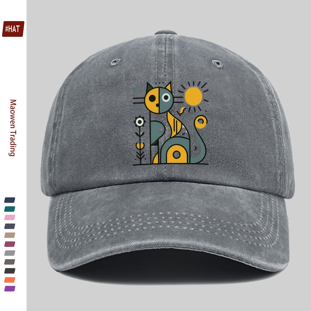 1 Abstract Cat and Sun Pattern Printed Baseball Cap, Unisex Design, Available in Multiple Colors, Papa Cap Is Comfortable, Lightweight, Washable, Vintage Style, American Street Skateboard Cap, Vintage Accessory, Exquisite Gift for Women, Fun and Cute