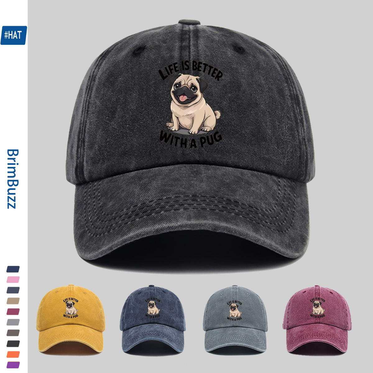 "Life Is Better with Pug" Baseball Cap | Lightweight And Adjustable, Made of Polyester, Suitable for Outdoor Activities, Travel, And Leisure, Vintage Style, with Embossed And Printed Maps