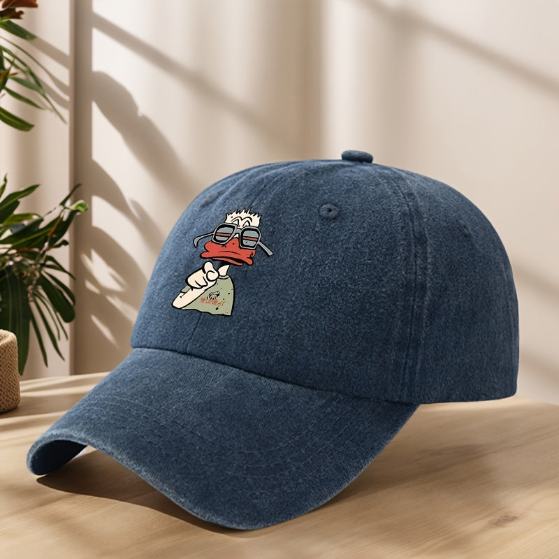 Cartoon Duck Print Baseball Cap Classic Washed Distressed Vintage Duckbill Hat Soft Comfortable Sweat-Absorbing Breathable Hat Outdoor Leisure Sports Hiking Camping Fishing Hat Individual Street Hip-Hop Hat