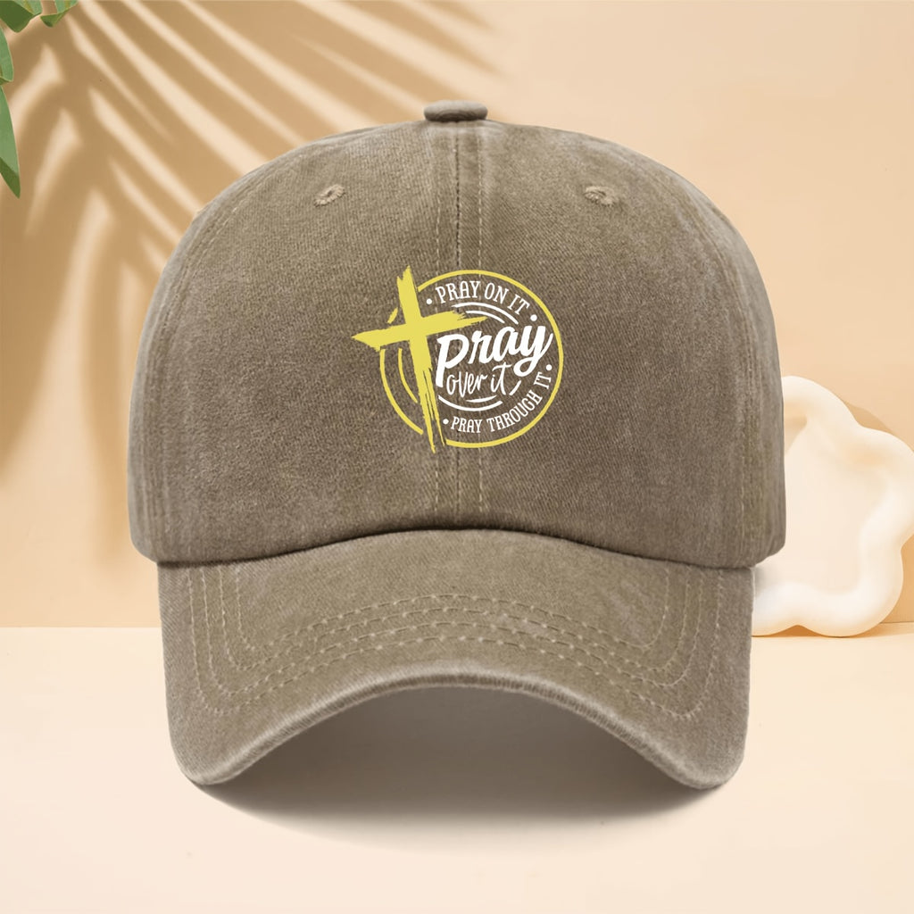 Yellow Cross Circle Pray Over It Pattern Printed Baseball Cap Reverent Retro Faith Design Style Curved Brim Hat for Walking, Gatherings, Dates, Shopping, Vacation, Travel