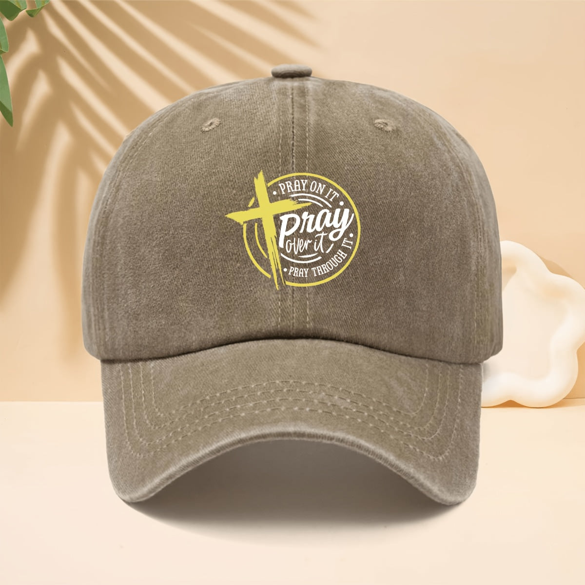 Yellow Cross Circle Pray Over It Pattern Printed Baseball Cap Reverent Retro Faith Design Style Curved Brim Hat for Walking, Gatherings, Dates, Shopping, Vacation, Travel