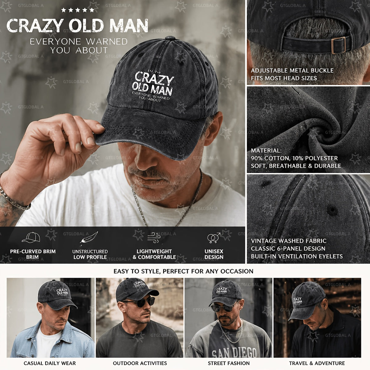 Casual Washed Cotton Printed Cap, Perfect for Home Use, Outings, Or As a Gift, an Ideal Choice for Holidays Such As New Year And Valentine'S Day, Fun Baseball Cap with Crazy Old Man Pattern, Men'S Style
