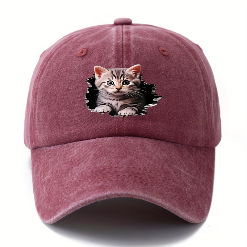 MAKEFGE Adjustable UPF Baseball Cap with Cat Ear & Iconic Kitten Print - Lightweight Washed Hip-Hop Hat Suitable for Outdoor, Casual Wear,, for -day Sun