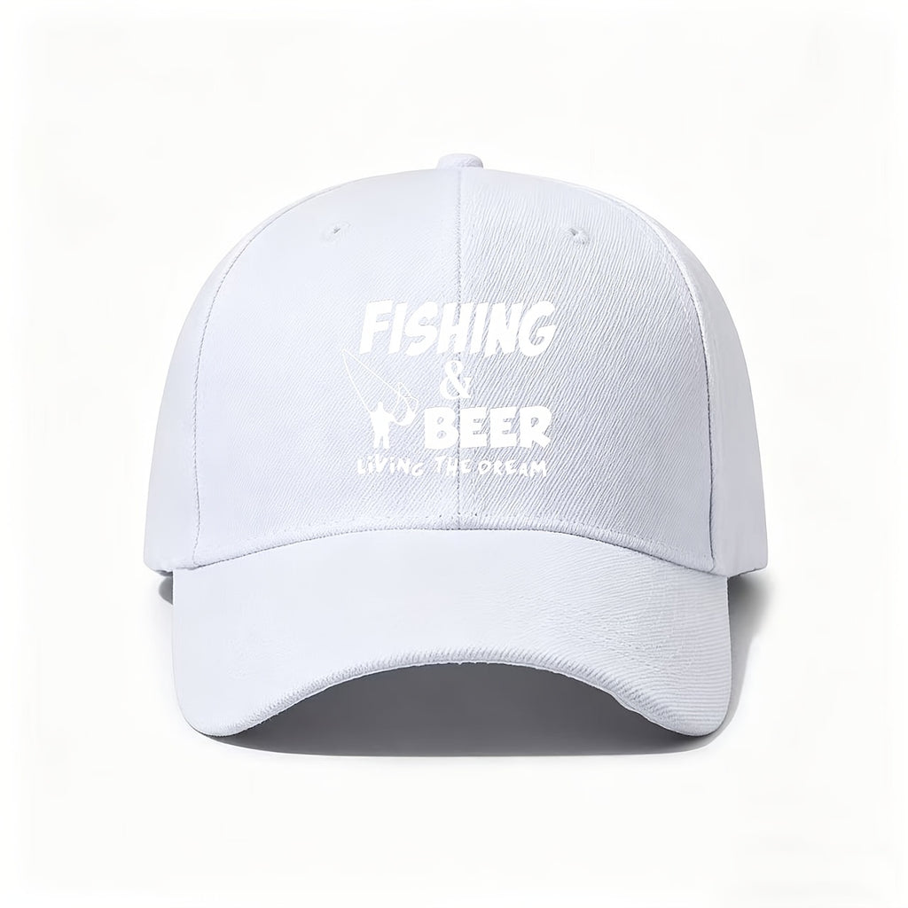 A Baseball Cap with "Fishing And Beer, Live The Dream" Print And Fishing Rod Design, Adjustable And Lightweight for Angler Lifestyle. Hobby-Themed Gift for Fishermen, Hand-Washable Outdoor Accessory