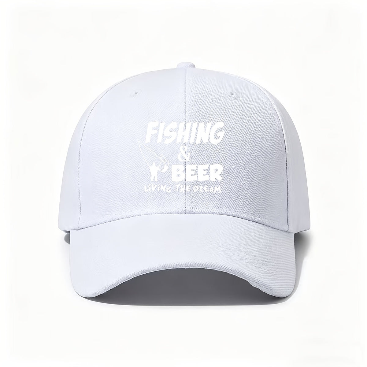A Baseball Cap with "Fishing And Beer, Live The Dream" Print And Fishing Rod Design, Adjustable And Lightweight for Angler Lifestyle. Hobby-Themed Gift for Fishermen, Hand-Washable Outdoor Accessory