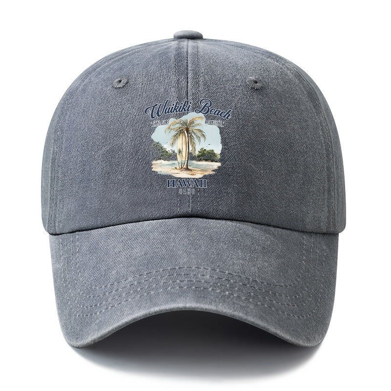 A Unisex Fashionable and Versatile Printed Hawaiian Waikiki Beach Baseball Cap, Featuring a Classic Vintage Washed Outdoor Lightweight Curved Brim. Suitable for Casual Occasions Such as Outdoor Vacations, Travel, and Camping, as Well as Holiday
