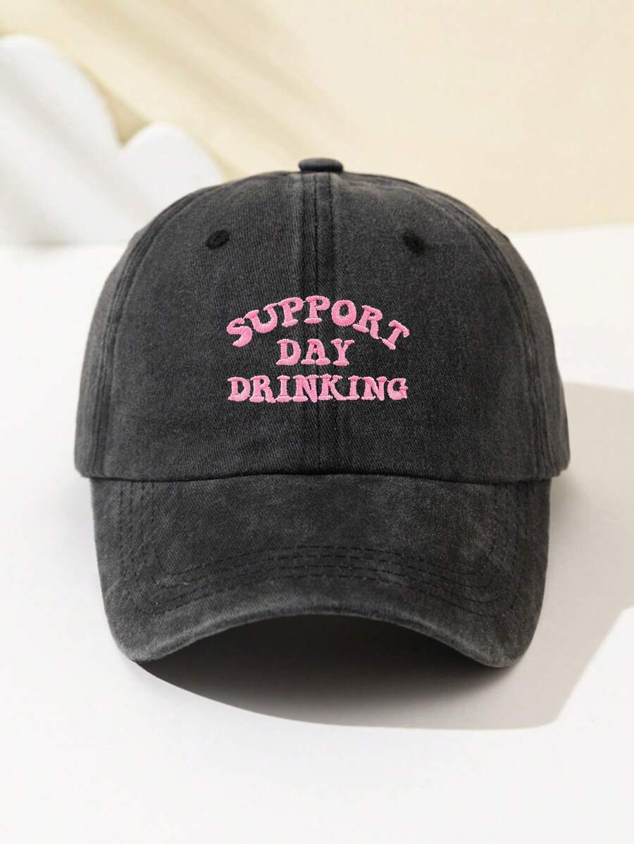 1 Stück modische Softtop-Baseballkappe für Damen mit gesticktem Text "SUPPORT DAY DRINKING", verstellbar, atmungsaktiv, geeignet für Outdoor-Sport, Camping, Strand, Urlaubsgeschenk