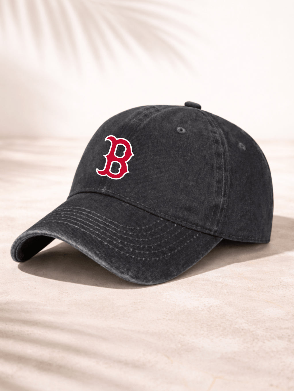 Washed Denim Baseball Cap For Men And Women Fashionable Casual Hat With Classic Logo Design Red B Embroidered Patch On Front Vintage Style Washed Cotton Fabric Soft Texture Perfect For Outdoor Activities Sports Events Daily Wear Adjustable Back Closure Co