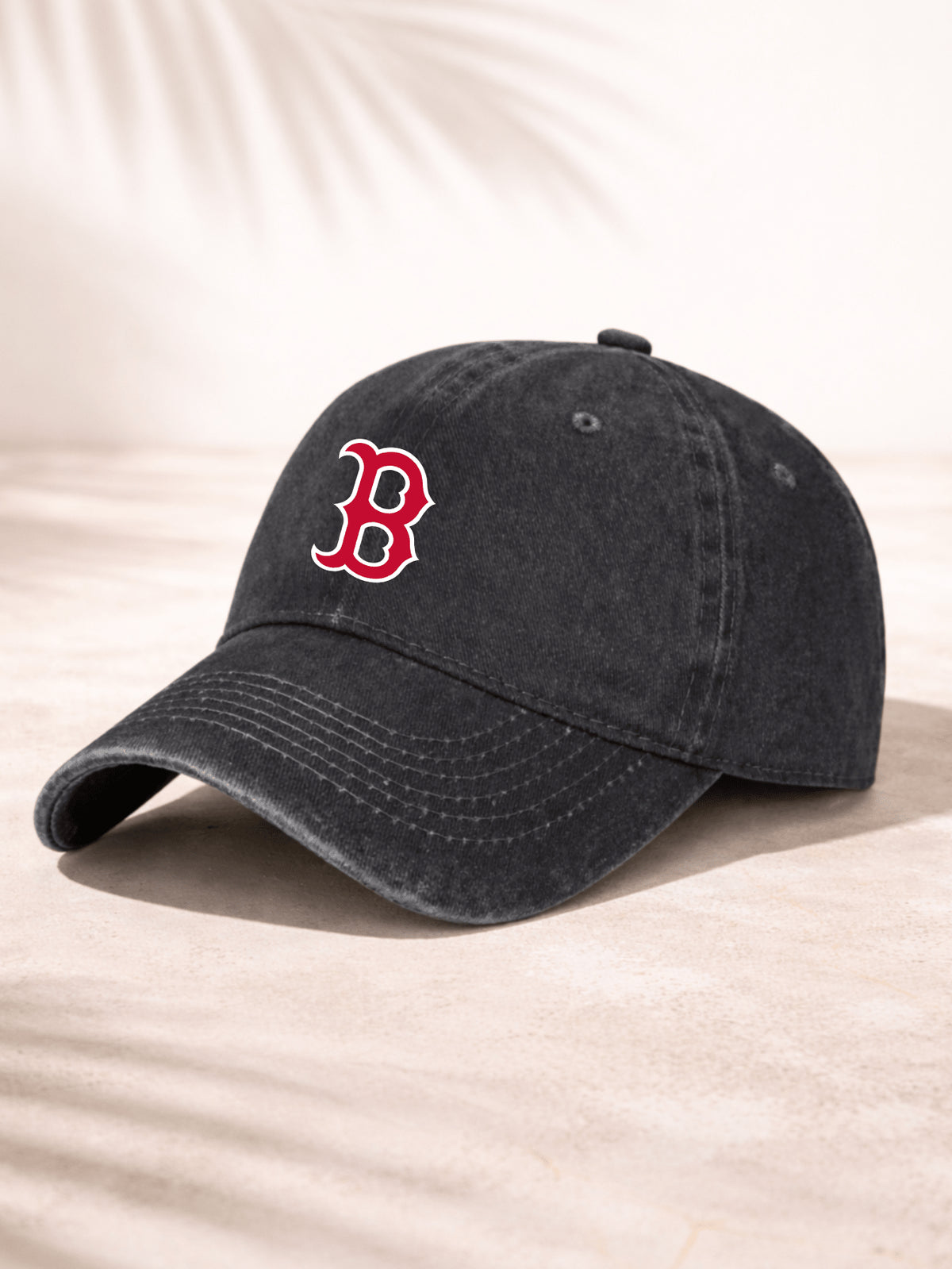 Washed Denim Baseball Cap For Men And Women Fashionable Casual Hat With Classic Logo Design Red B Embroidered Patch On Front Vintage Style Washed Cotton Fabric Soft Texture Perfect For Outdoor Activities Sports Events Daily Wear Adjustable Back Closure Co