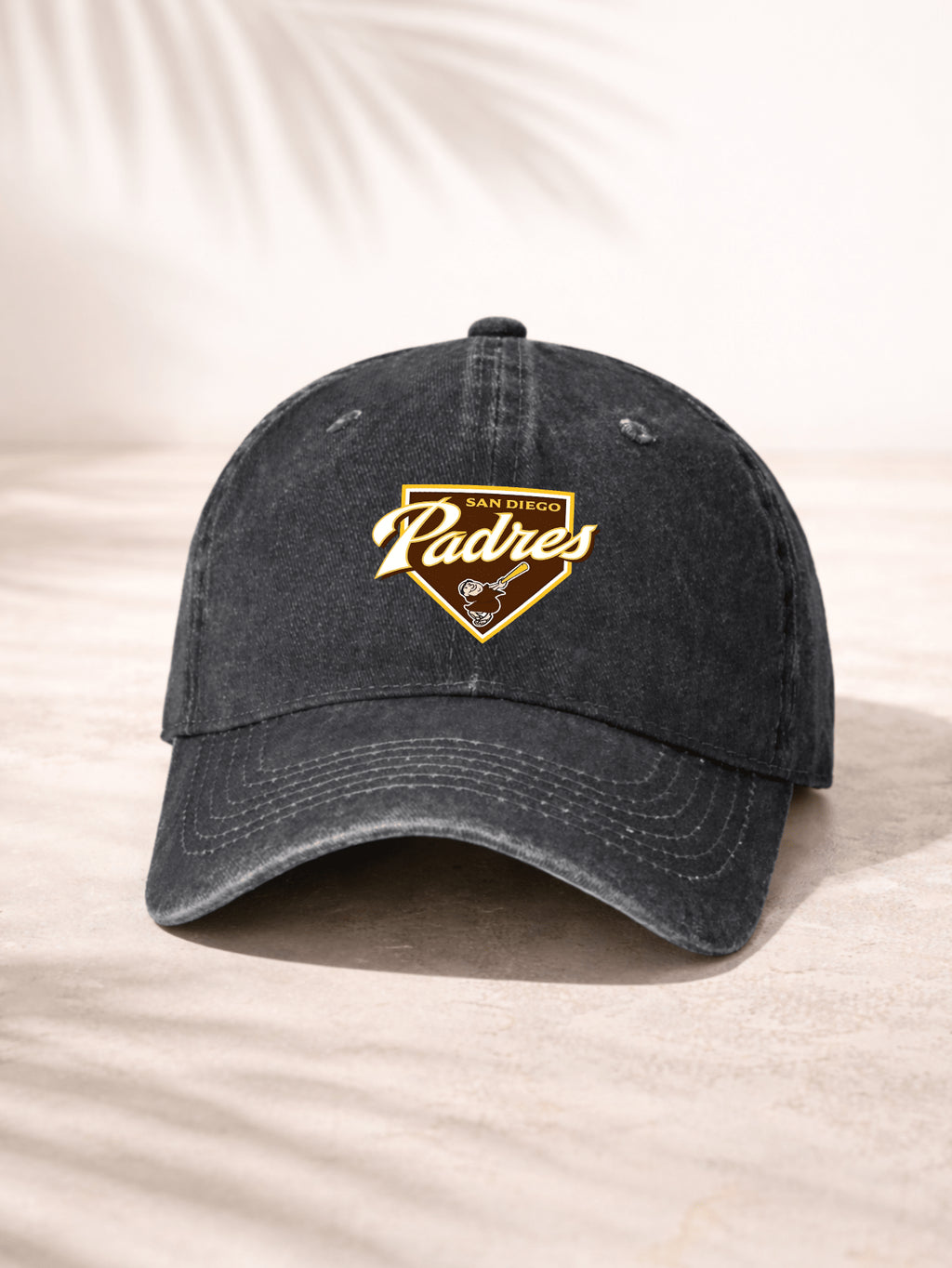 Washed Denim Baseball Cap For Men And Women Casual Sporty Style Adjustable Hat With San Diego Padres Logo Print San Diego Padres Team Emblem Embroidered Design Classic Brown And Gold Color Scheme On Front Panel Perfect For Outdoor Activities Sports Events