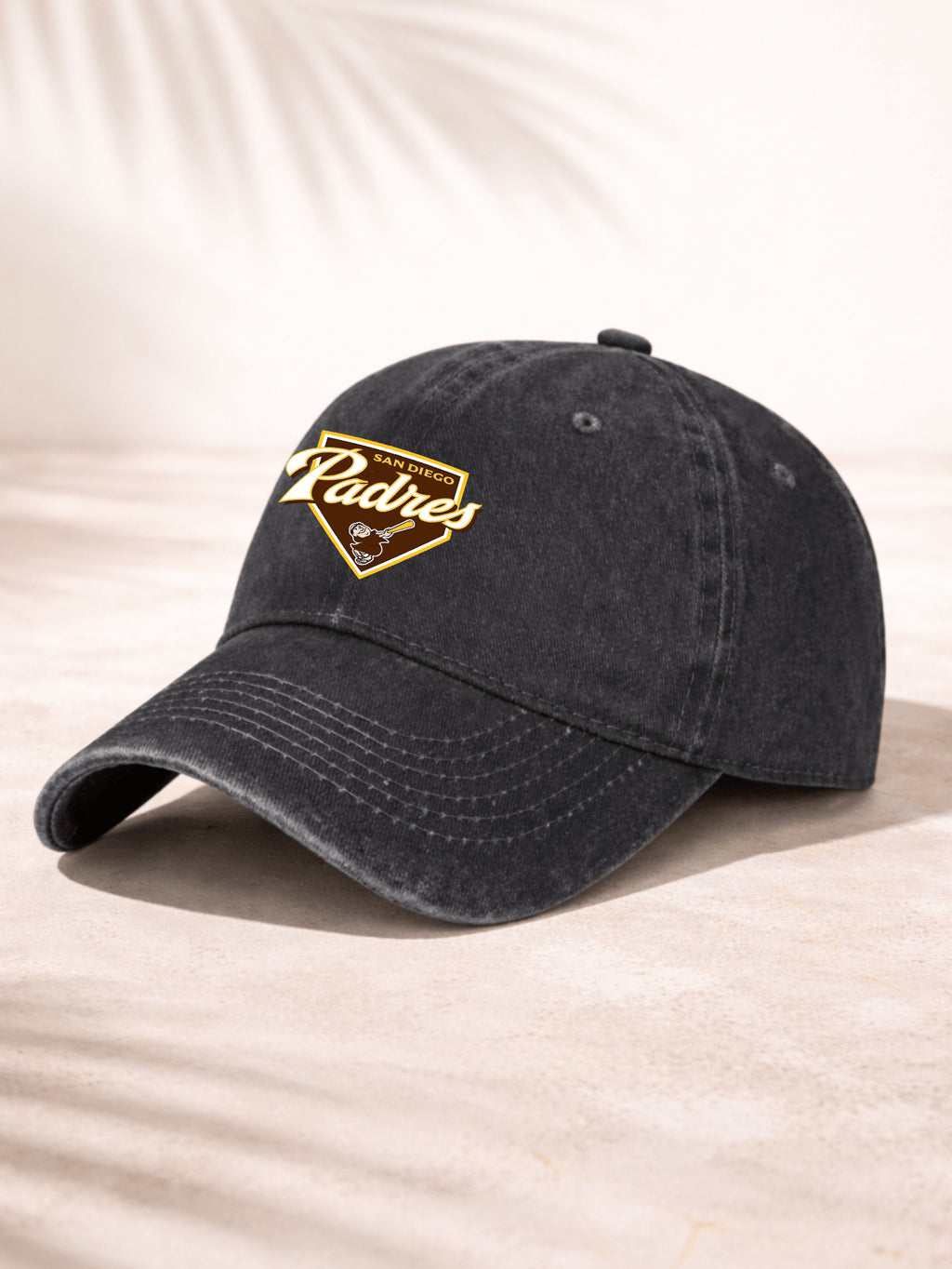 Washed Denim Baseball Cap For Men And Women Casual Sporty Style Adjustable Hat With San Diego Padres Logo Print San Diego Padres Team Emblem Embroidered Design Classic Brown And Gold Color Scheme On Front Panel Perfect For Outdoor Activities Sports Events