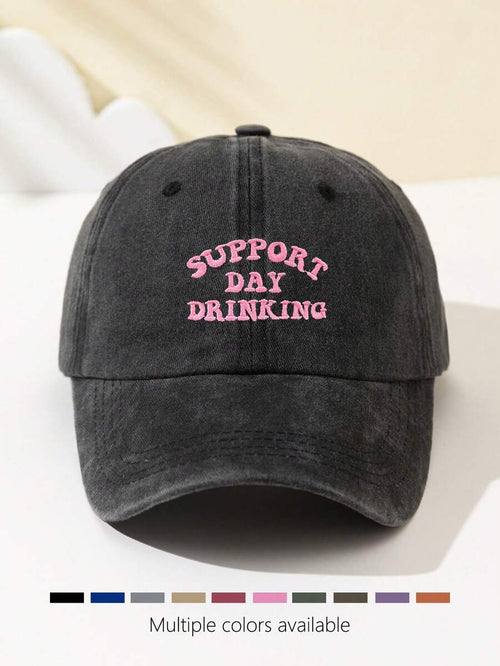 1 Stück modische Softtop-Baseballkappe für Damen mit gesticktem Text "SUPPORT DAY DRINKING", verstellbar, atmungsaktiv, geeignet für Outdoor-Sport, Camping, Strand, Urlaubsgeschenk