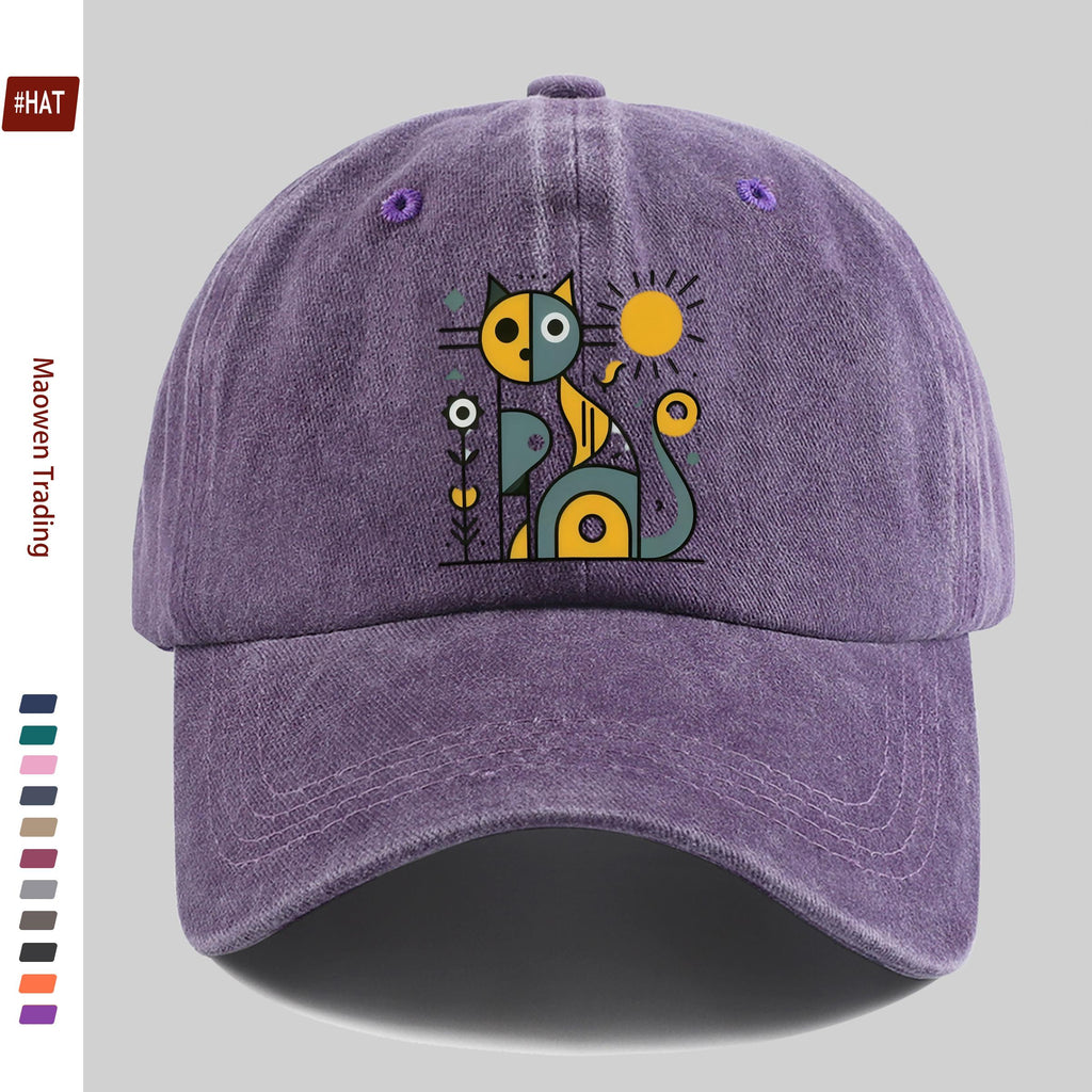1 Abstract Cat and Sun Pattern Printed Baseball Cap, Unisex Design, Available in Multiple Colors, Papa Cap Is Comfortable, Lightweight, Washable, Vintage Style, American Street Skateboard Cap, Vintage Accessory, Exquisite Gift for Women, Fun and Cute
