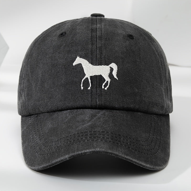 High-Quality White Horse Embroidered Baseball Cap, Washed Vintage Adjustable Duckbill Hat, Soft Top, Breathable, Sweat-Absorbing, Sun-Protective Trendy Hat