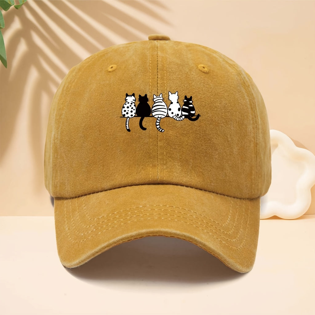 Baseball Cap with Black And White Cat Back Print, American Healing Soft Cute Cat Fun Casual Style Curved Brim Hat for Walking, Gatherings, Dates, Shopping, Vacation, Travel