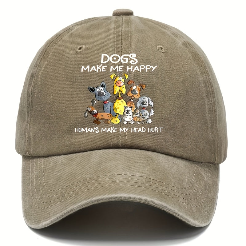 Cute Hippie Curved Brim Baseball Cap with Sweet Dog Print, Casual Outdoor Sports Sun Protection Hat, Adjustable Buckle Closure, Hand Wash Only, Four Seasons