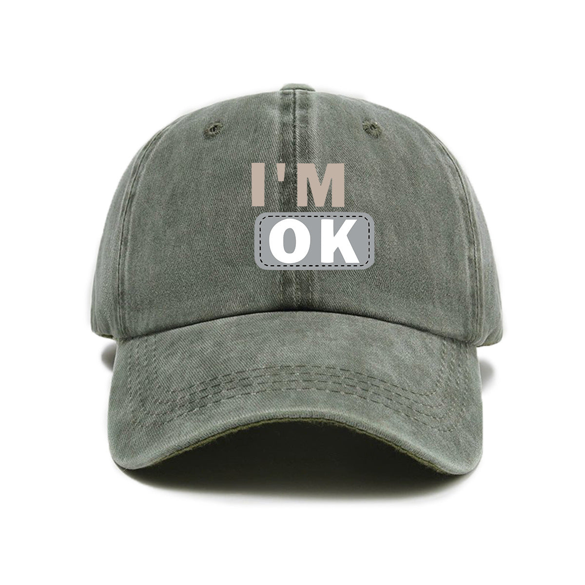 1 Washed Distressed Printed Baseball Cap for Adults, Simple "I'M OK" Letter Print, Washed Distressed Soft Top Sun Baseball Cap, Unisex Baseball Cap