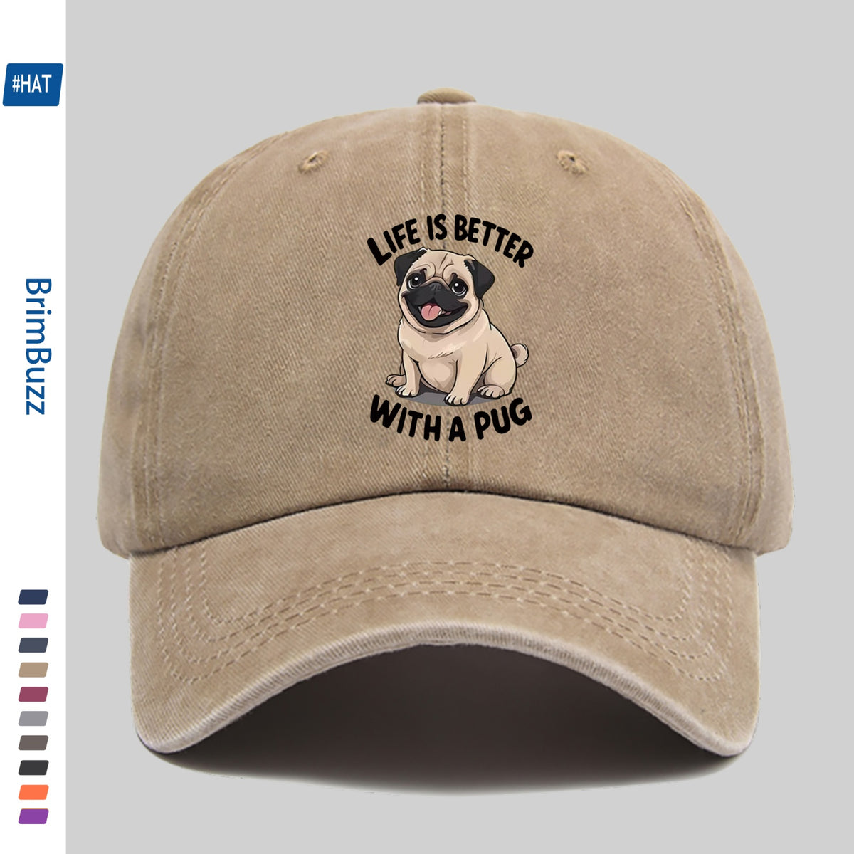 "Life Is Better with Pug" Baseball Cap | Lightweight And Adjustable, Made of Polyester, Suitable for Outdoor Activities, Travel, And Leisure, Vintage Style, with Embossed And Printed Maps
