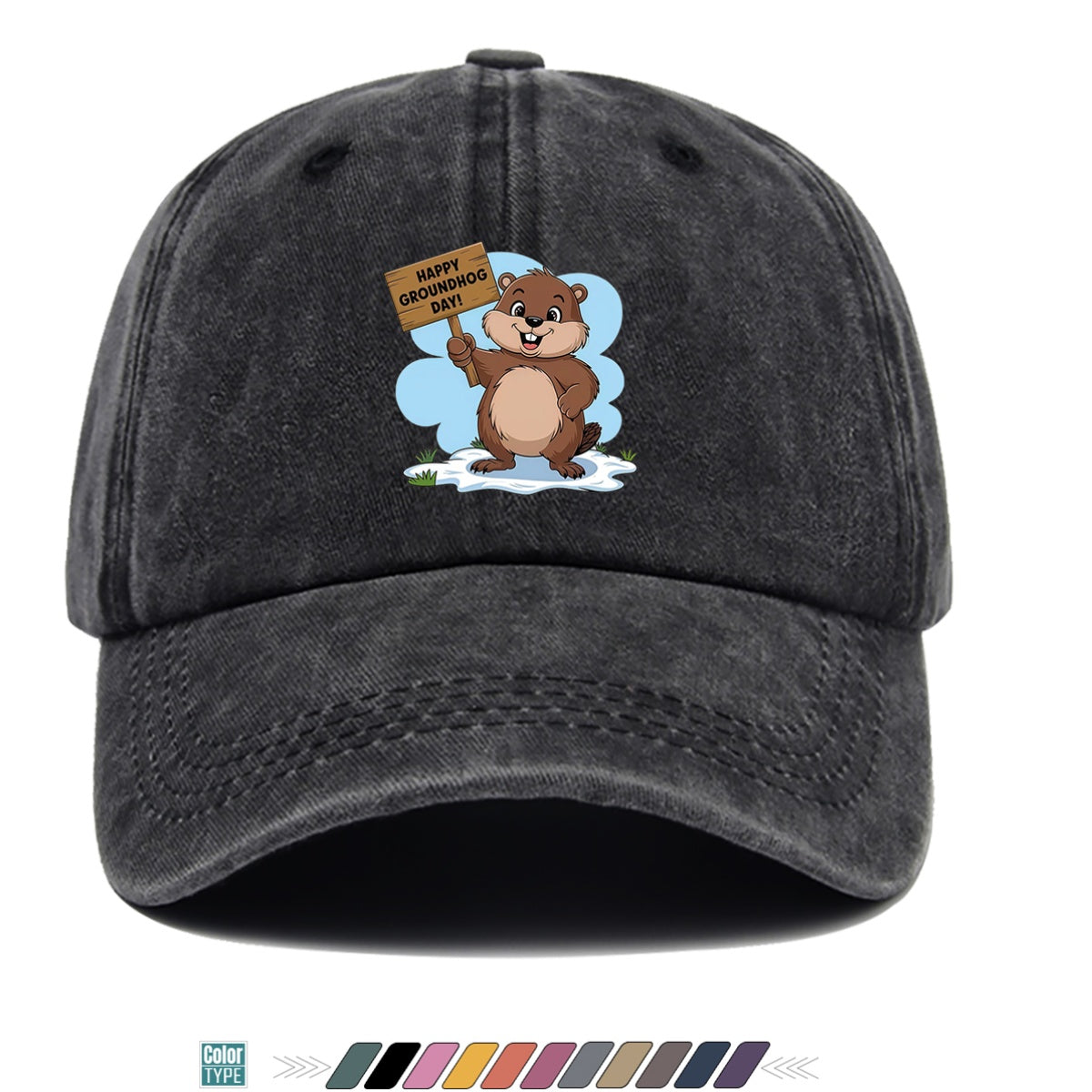 1pc Groundhog Day Theme Cartoon Print Baseball Cap, Happy Groundhog Holding Sign Pattern Sun Hat, Fashion Casual Duckbill Cap, Unisex Adjustable Size, Outdoor Travel Hat, Daily Wear Hat, Holiday Party Hat, Birthday Gift Hat, Friend Gathering Hat