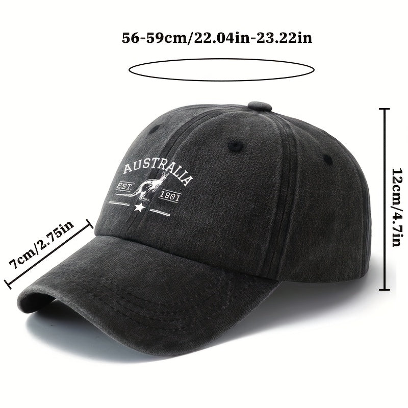 A Unisex Fashionable and Versatile Printed "AUSTRALIA" Baseball Cap with Kangaroo Logo, Featuring a Classic Vintage Washed Design, Lightweight Curved Brim, and Trucker Style. Ideal for Outdoor Vacations, Travel, Camping, and Other Casual Occasions