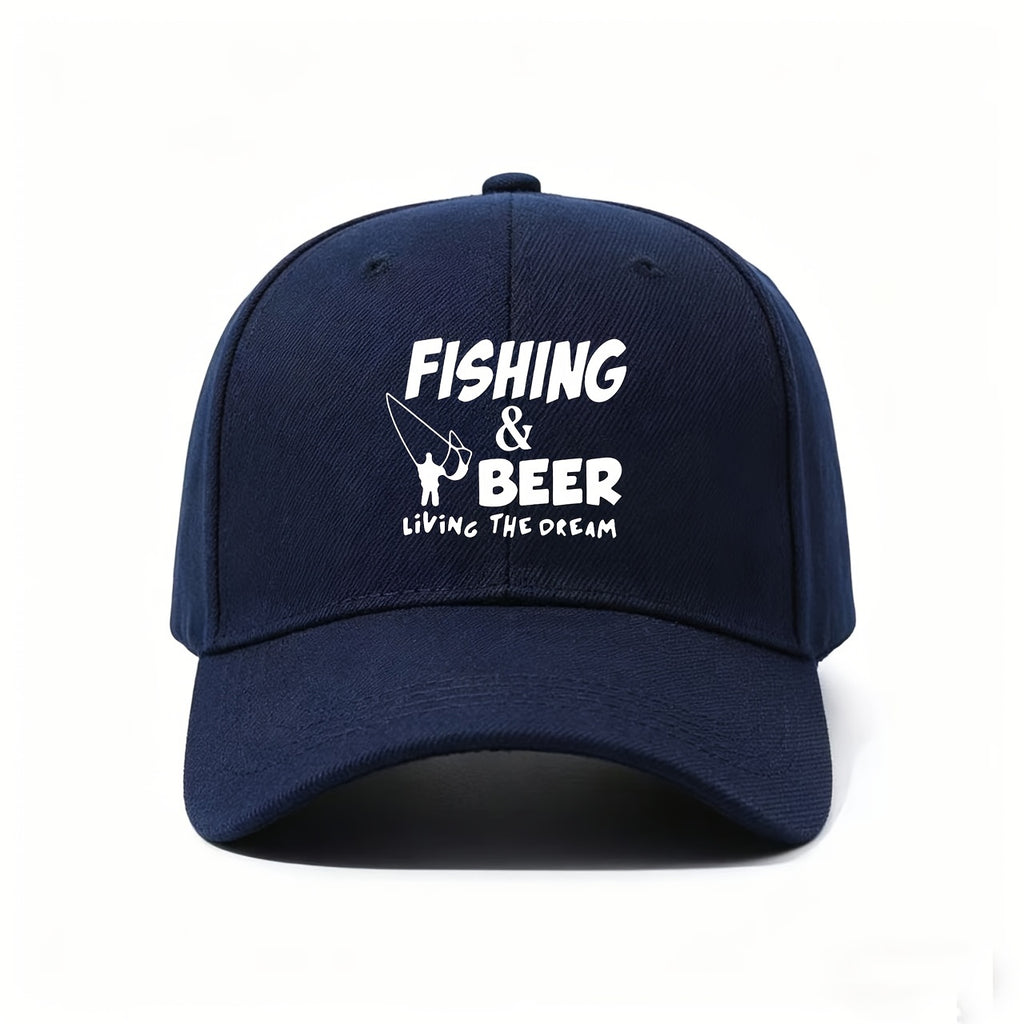 A Baseball Cap with "Fishing And Beer, Live The Dream" Print And Fishing Rod Design, Adjustable And Lightweight for Angler Lifestyle. Hobby-Themed Gift for Fishermen, Hand-Washable Outdoor Accessory