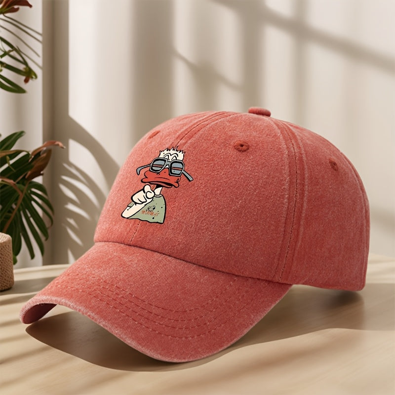 Cartoon Duck Print Baseball Cap Classic Washed Distressed Vintage Duckbill Hat Soft Comfortable Sweat-Absorbing Breathable Hat Outdoor Leisure Sports Hiking Camping Fishing Hat Individual Street Hip-Hop Hat