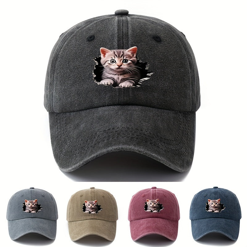 MAKEFGE Adjustable UPF Baseball Cap with Cat Ear & Iconic Kitten Print - Lightweight Washed Hip-Hop Hat Suitable for Outdoor, Casual Wear,, for -day Sun