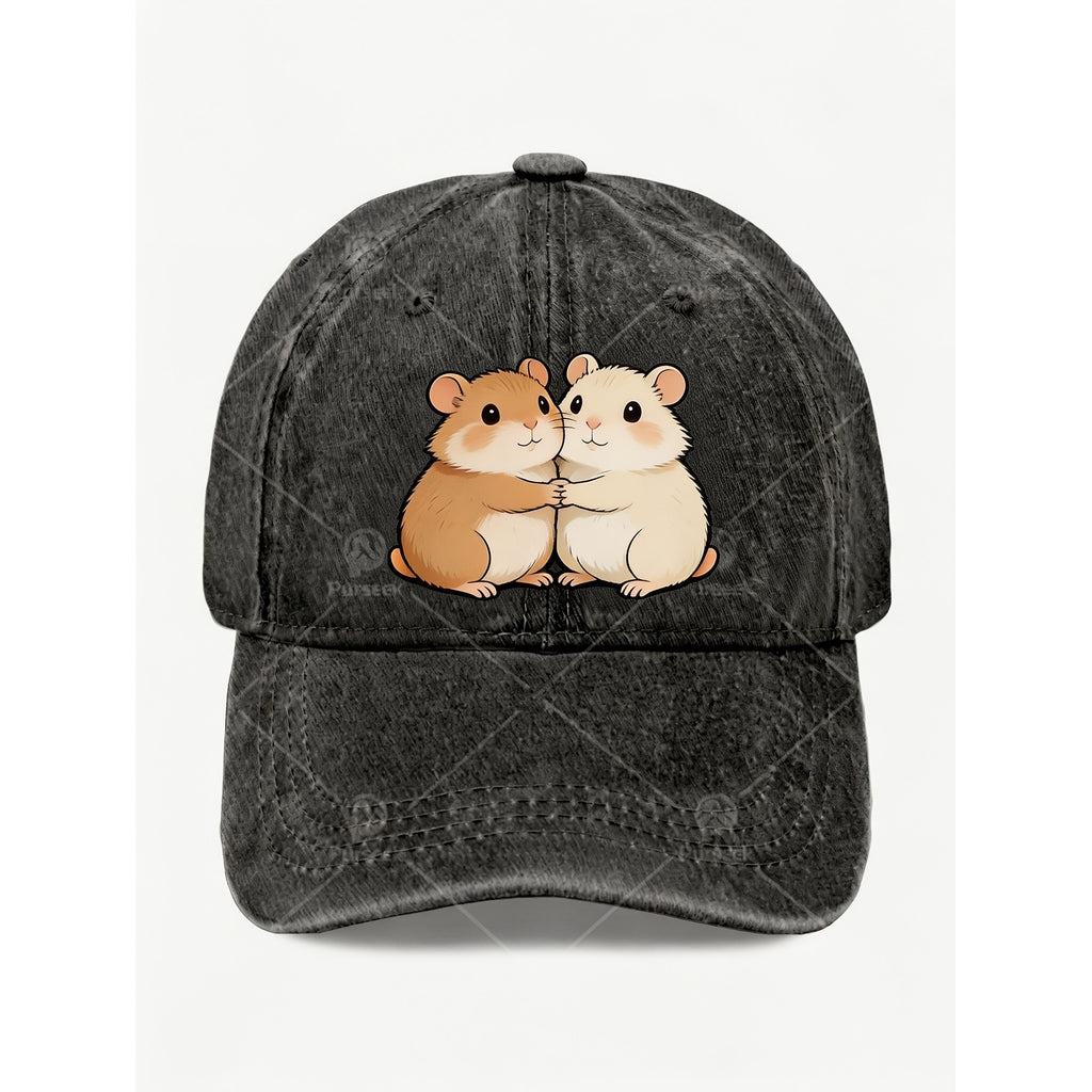 Cute Hamster Couple Cap with Pull String Closure - Adjustable Vintage Hat Suitable for Unisex, Machine Washable Cap for Hamster Lovers, Themed Gifts & Casual Streetwear Accessory