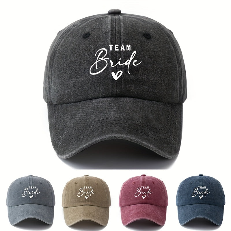 A Stylish Unisex Printed Baseball Cap Featuring a Curved Brim And The Words 'TEAM Bride'. This Trendy And Lightweight Sun Hat Is Perfect for Outdoor Activities Like Traveling And Camping, Suitable for Both Men And Women