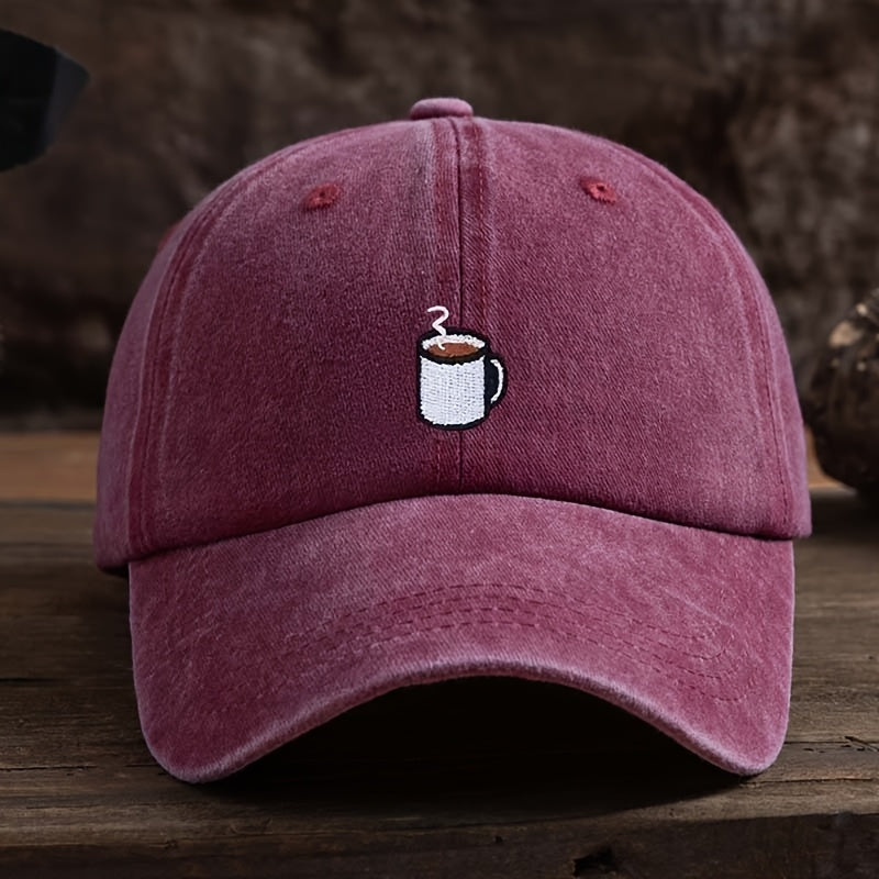A Straightforward Men'S Baseball Cap Designed for Coffee Enthusiasts, Featuring a Cup Motif. The Fabric Is Machine Washable, Making It Ideal for Everyday Wear