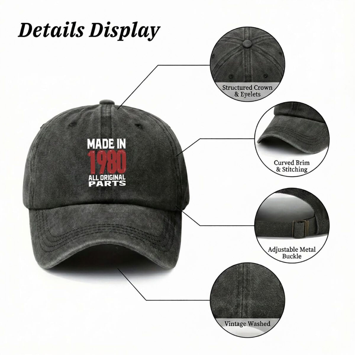 1980 "All Original Parts" Distressed Retro Text Vintage Washed Duckbill Cap Unisex Outdoor Baseball Cap Adjustable Washed Vintage Style Lightweight Breathable Golf Cap
