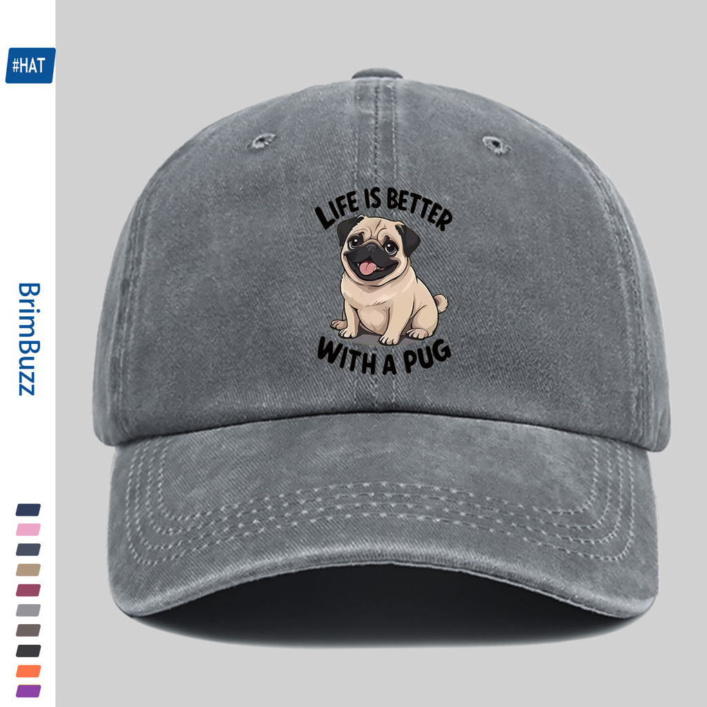 "Life Is Better with Pug" Baseball Cap | Lightweight And Adjustable, Made of Polyester, Suitable for Outdoor Activities, Travel, And Leisure, Vintage Style, with Embossed And Printed Maps