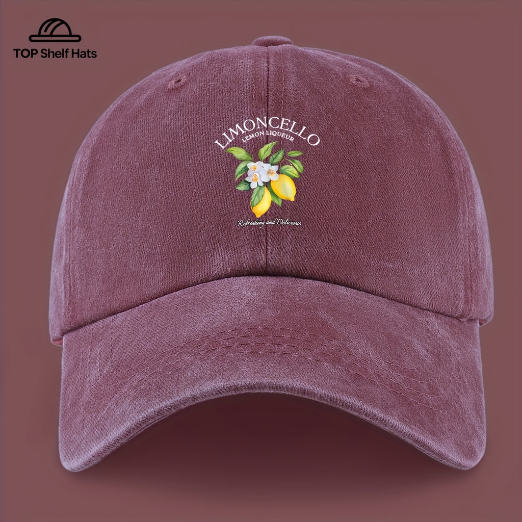 70G Lightweight And Breathable 1pc "Limon Cello" English Print Baseball Cap with Refreshing Lemon Pattern Print, Breathable And Comfortable, Stylish And Beautiful, Black Papa Dad Hat, Adjustable Size, Unisex, Retro Trucker Hat