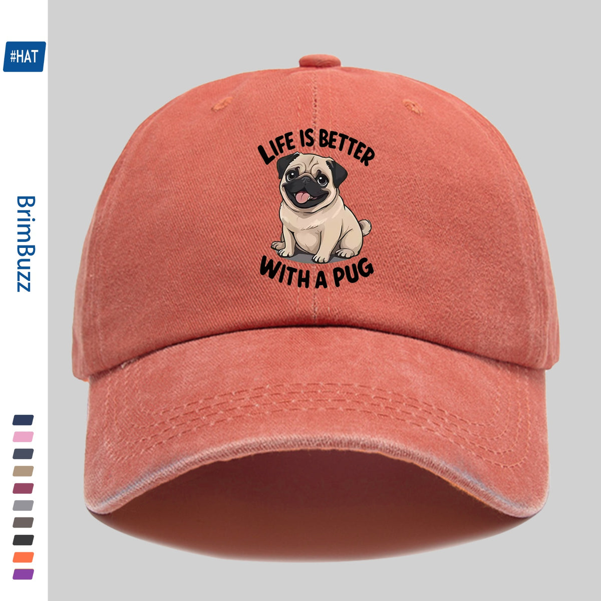 "Life Is Better with Pug" Baseball Cap | Lightweight And Adjustable, Made of Polyester, Suitable for Outdoor Activities, Travel, And Leisure, Vintage Style, with Embossed And Printed Maps