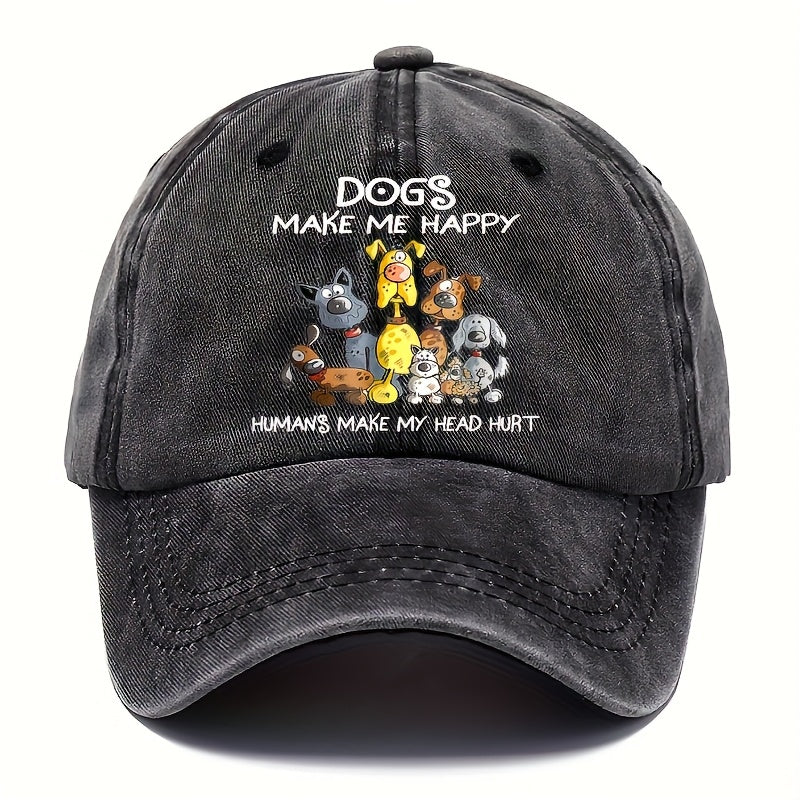 Cute Hippie Curved Brim Baseball Cap with Sweet Dog Print, Casual Outdoor Sports Sun Protection Hat, Adjustable Buckle Closure, Hand Wash Only, Four Seasons