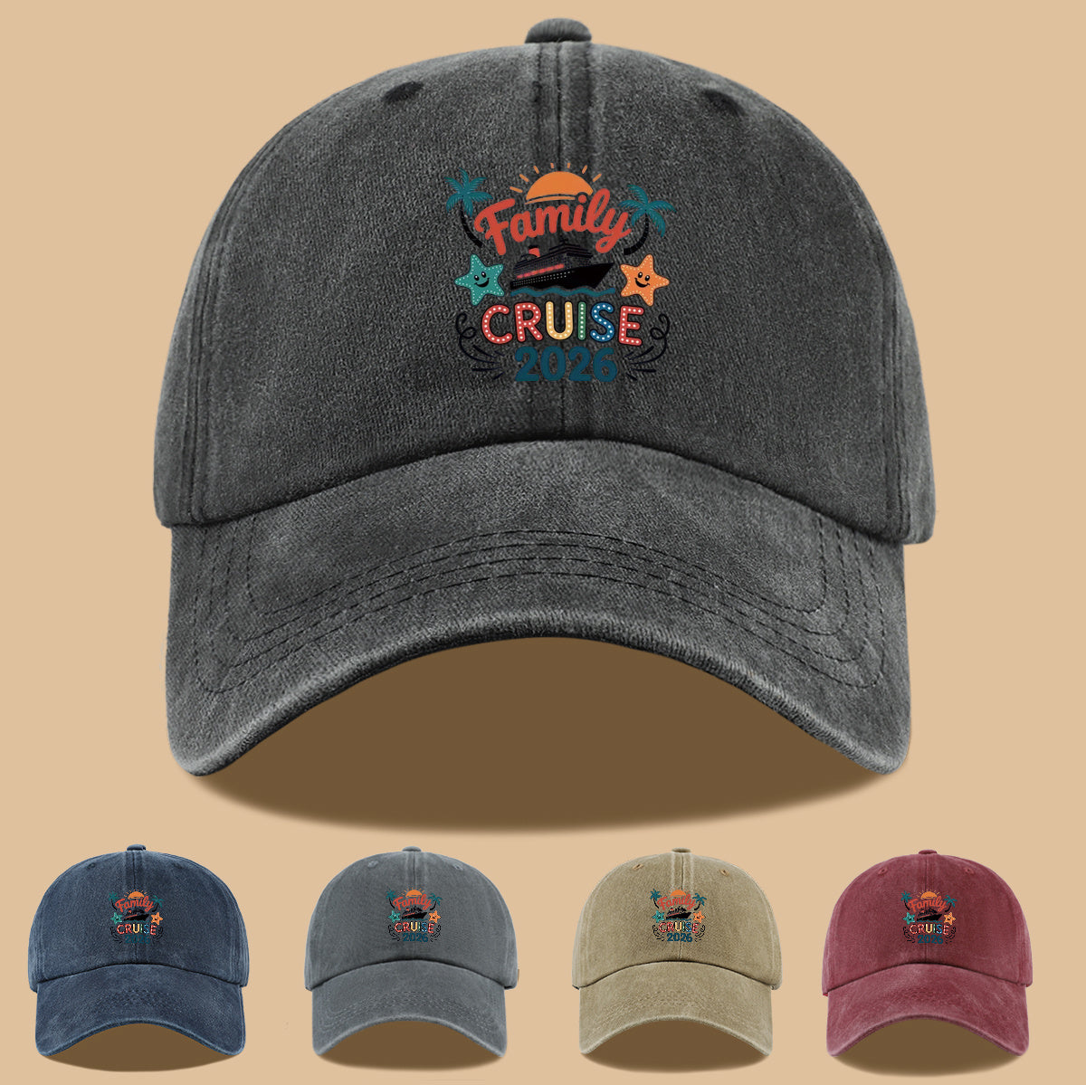 1pc "Family Mail Steamer 2025.98inch" Themed Printed Baseball Cap, Fun Cartoon Mail Steamer Ship, Stars, Palm Trees, Sunset Pattern, Fashionable Casual Sun Hat, Unisex, Adjustable Size, Dad's Fishing Hat, Mom's Vacation Hat, Suitable for Family