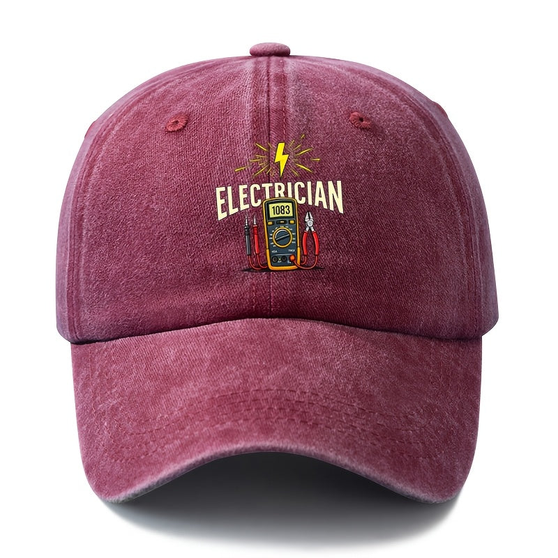 A Stylish And Versatile Unisex ELECTRICIAN Baseball Cap with a Printed Design, Featuring a Classic Retro Washed Look. This Lightweight Outdoor Cap Is Perfect for Truck Drivers And Suitable for Casual Occasions Like Outdoor Vacations, Camping