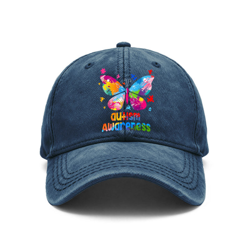 1pc of Vintage Washed Unisex Baseball Caps Featuring a Colorful Artistic Design of an Autism Awareness Butterfly. These Adjustable Caps Are Perfect for Outdoor Activities And Casual Wear, Making Them Great Gifts for Both Men And Women