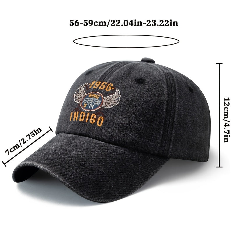 A Unisex Fashionable and Versatile 1956 INDIGO Printed Baseball Cap, Featuring a Classic Vintage Washed Outdoor Lightweight Curved Brim. This Trucker Baseball Cap Is Suitable for Casual Occasions Such as Outdoor Vacations, Travel, and Camping