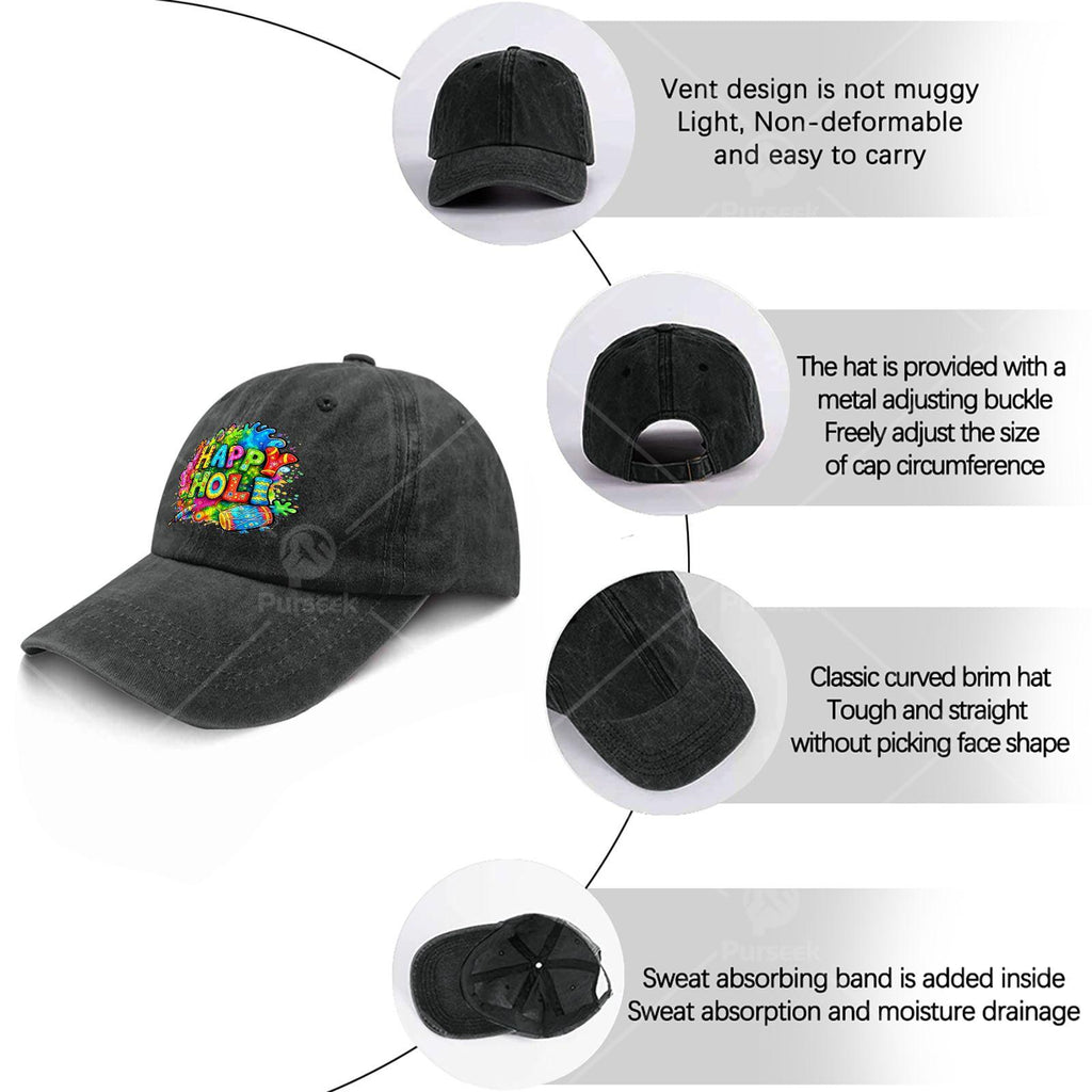 Indian Holi Festival Baseball - Retro Full-Body Print Hindu Cultural Hat Suitable for Christmas, 4th of, Events, Round Top with Bend Brim, Hand Washable for Holi & Casual Wear