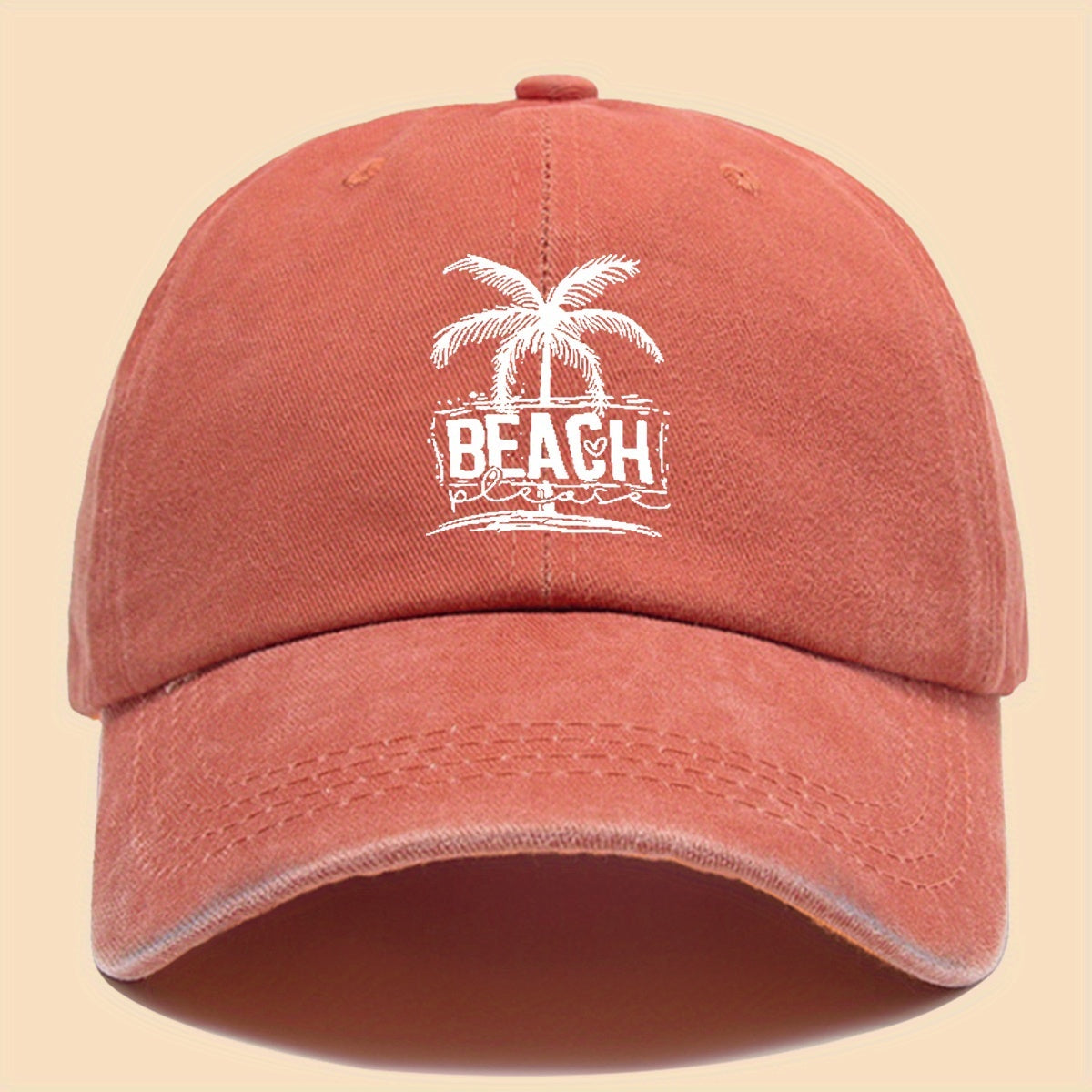 1pc Cool & Breezy Unisex Washed Baseball Cap | Tropical Palm Tree and Beach Print, Adjustable for Couples, Perfect for Surfing, Cycling, Hiking, and Parties - Polyester, Hand Wash Only