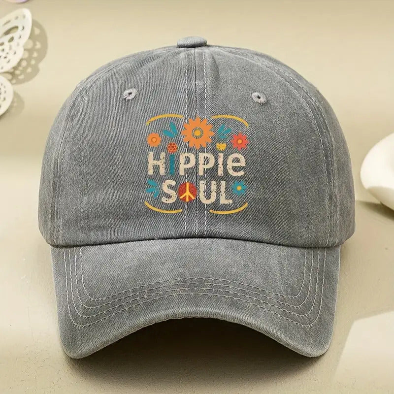 Retro Hippie Soul Baseball Cap - 60S/70S Style with Floral And Peace Symbols (Sunflowers, Peace Sign) - Deep Navy Blue Adjustable Snapback Hat with Colorful Accents - Lightweight Washed Effect, Suitable for Both Men And Women - Machine Washable