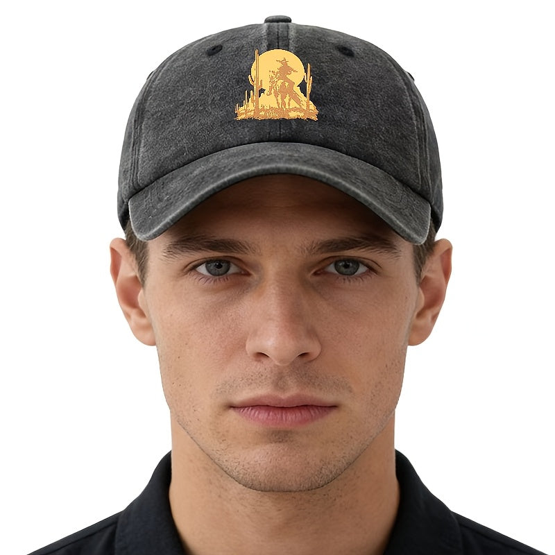 A Unisex Fashionable and Versatile Printed Desert Horseback Riding Hero Baseball Cap, Featuring a Classic Vintage Washed Outdoor Lightweight Curved Brim. This Trucker Baseball Cap Is Suitable for Casual Occasions Such as Outdoor Vacations
