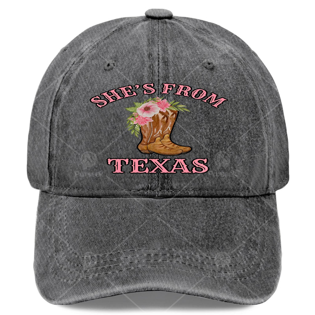 Originating from Texas, She Sports Cowgirl Boots Paired with a Floral Baseball in a Unisex, Vintage Style