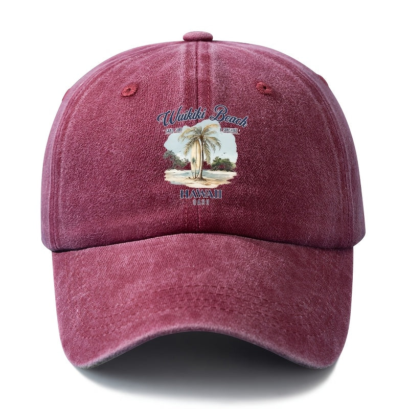 A Unisex Fashionable and Versatile Printed Hawaiian Waikiki Beach Baseball Cap, Featuring a Classic Vintage Washed Outdoor Lightweight Curved Brim. Suitable for Casual Occasions Such as Outdoor Vacations, Travel, and Camping, as Well as Holiday