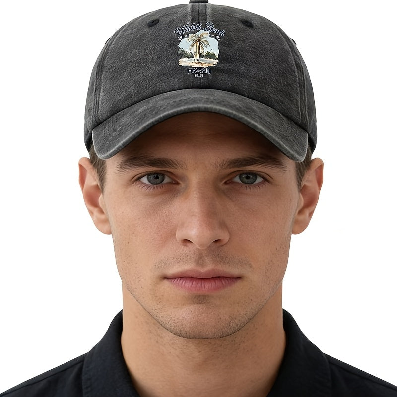 A Unisex Fashionable and Versatile Printed Hawaiian Waikiki Beach Baseball Cap, Featuring a Classic Vintage Washed Outdoor Lightweight Curved Brim. Suitable for Casual Occasions Such as Outdoor Vacations, Travel, and Camping, as Well as Holiday